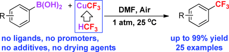Fluoroform-derived CuCF3 for low-cost, simple, efficient, and safe trifluoromethylation of aryl boronic acids in air